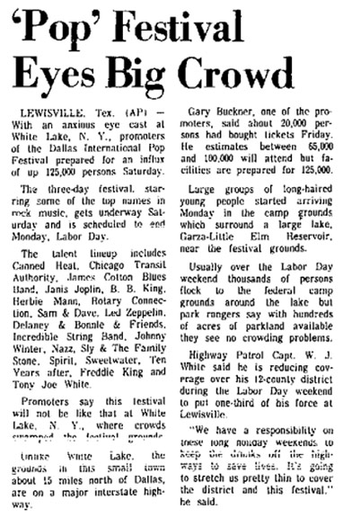 Texas Pop Festival 69 press - 'Festival Eyes Big Crowd'