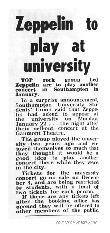 Zeppelin to Play At University (Southampton 1973)