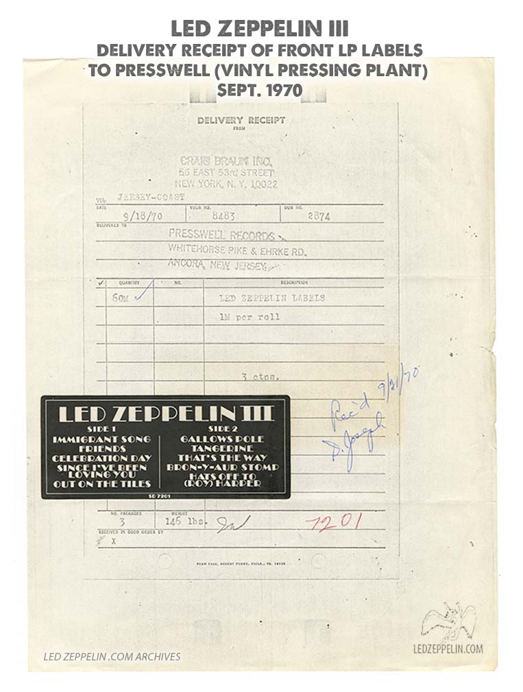 Led Zeppelin III (Delivery Receipt of LP Labels to Presswell) Sept. 1970