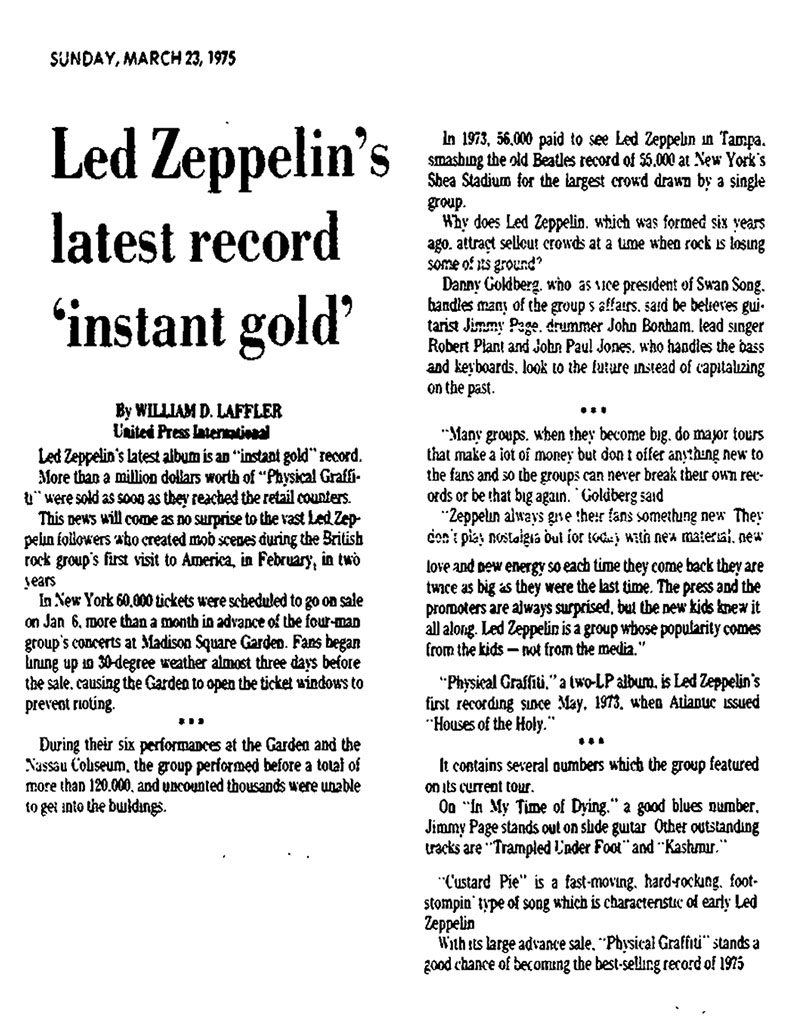 Physical Graffiti 'Instant Gold' March 1975