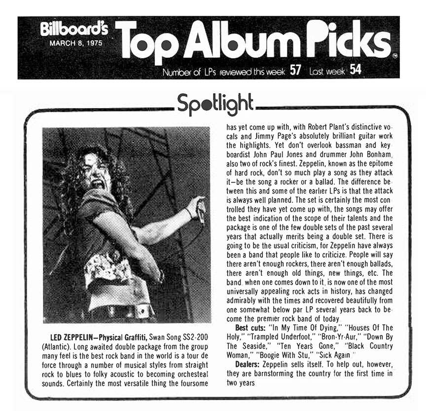 Physical Graffiti 'Top Album Picks' (Billboard 3-8-75)