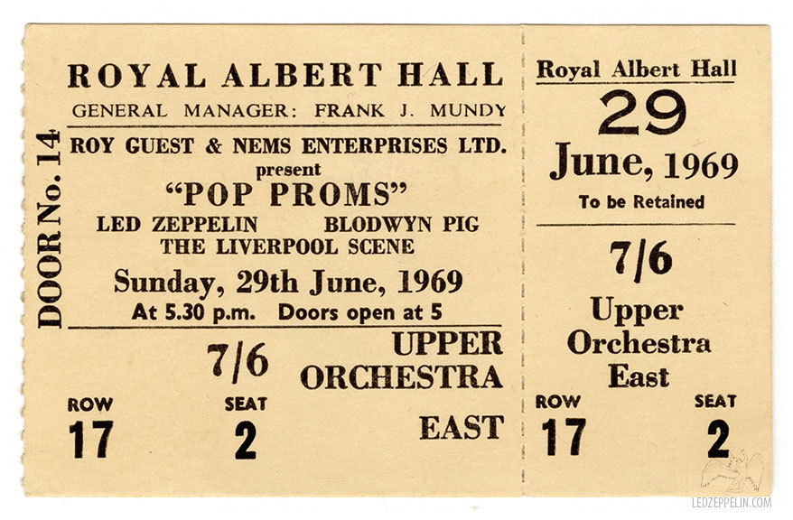 Royal Albert Hall 'Pop Proms' 1969 Ticket